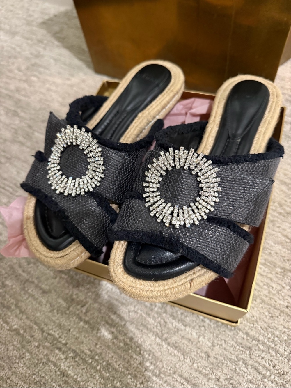 Alexandre Birman Black Raffia-Trim Slide Mules with Crystal Medallions